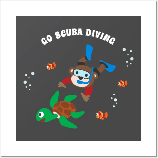 Diving with funny monkey and turtle with cartoon style. Posters and Art